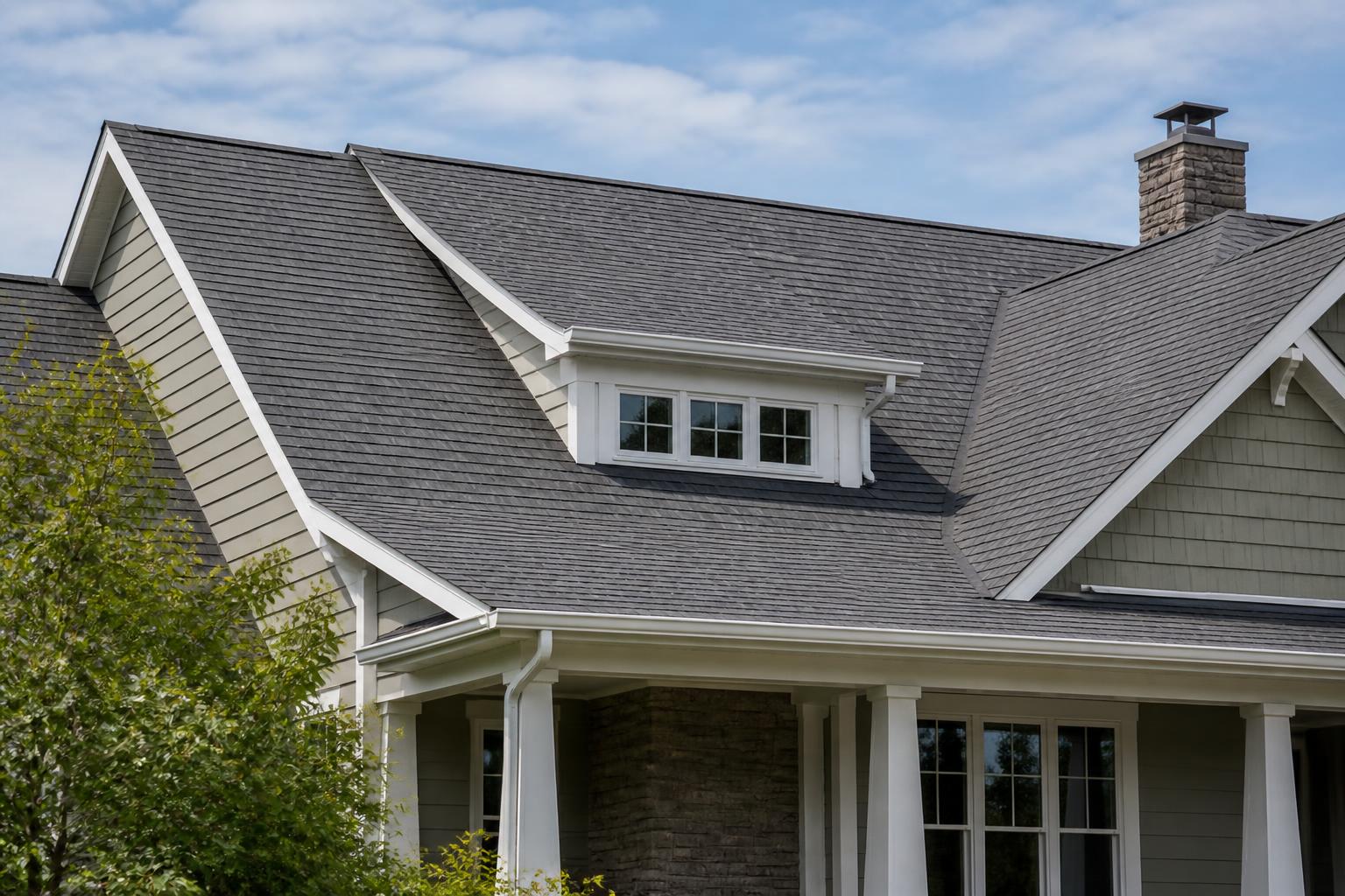 Residential roof with clean finished shingles in soft daylight.